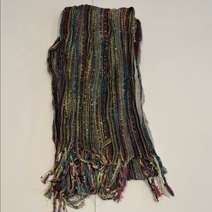 Multicolor Striped Scarf with Fringe and Silver and Gold Metallic Thread